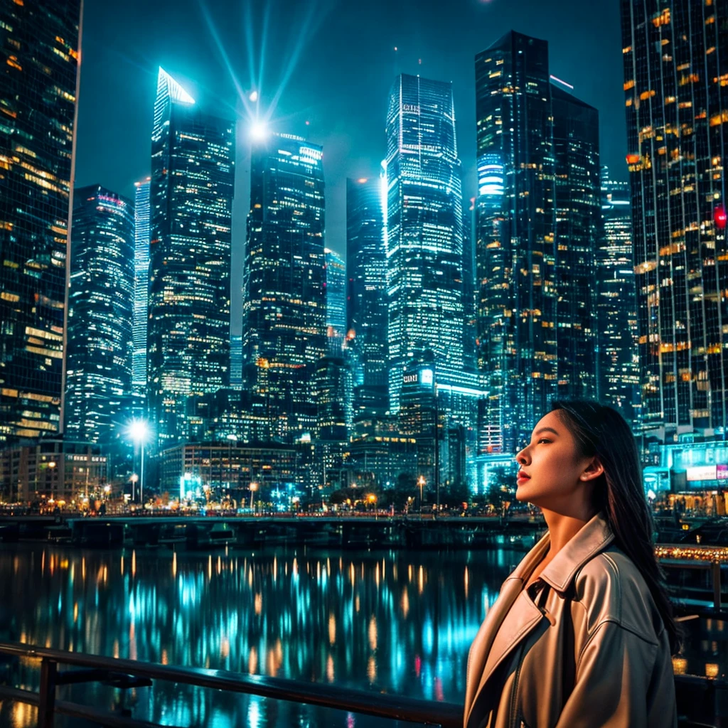 A blend of sleek, high-tech aesthetics with dreamlike, soft visuals to create a sense of a floating, advanced city intertwined with elements of fantasy. Use a combination of cool blues and silvers for the cityscape to evoke a high-tech, serene atmosphere. Contrast with warm, glowing tones for the singer and scenes of emotional warmth to highlight her impact. Include intricate mechanical designs and smooth, reflective surfaces for the city and machines. Add fine, flowing details to the singer's appearance and the light emanating from her, creating a halo effect around her figure. Centralize the singer in the foreground, with the futuristic city as the backdrop. Show crowds of people gathered around, captivated by her presence, with light and music visually radiating from her.
。 High resolution, masterpiece, Highest quality, Intricate details, Very detailed, Clear focus, Delicate skin, practical skin texture, texture, Delicate eyes, Professional, 4K, Shot with Canon, 85mm, Shallow and deep, Kodak Vision Color, Exactly, Very detailed, photograph_\(Extremist\), photographpractical, practical, Post-processing, Maximum details, Roughness, Real Life, Extremist practical, Photorealism, photographgraphy, 8K Ultra HD, photographgraphy