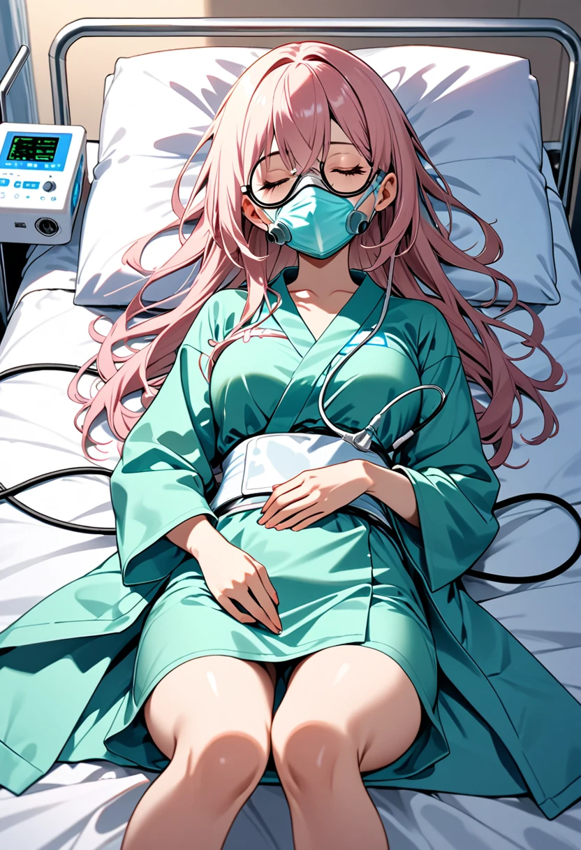 girl（Round Glasses、low length、yukata（Pink））Hospital bed（Sleeping on your back、electro-cardiogram、Oxygen mask）