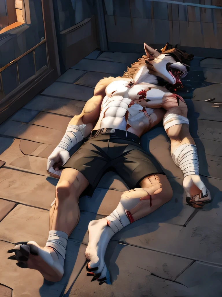 Draw a werewolf,,Lying on the ground,Legs straight,red liquid on face,Topless,Bare paws,Wear black trousers,There are wounds on the body,Fainted from pain,Being painfully knocked down in the ring,Stomach,Eyes closed,Knife in the chest,Open mouth naturally,Red liquid near mouth,Stick out your tongue,Legs and hands are bandaged,Keep your legs straight, There's red liquid all over the floor,masterpiece,Furry Art,Animal Art