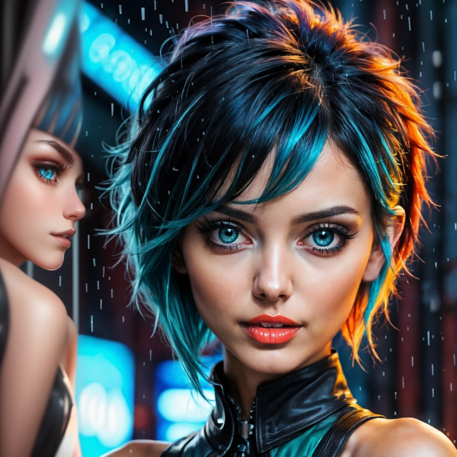 arafed woman with blue hair and green eyes in a wet suit, beautiful cyberpunk girl face, cyberpunk art ultrarealistic 8k, the cyberpunk girl portrait, hyper-realistic cyberpunk style, cyberpunk beautiful girl, dreamy cyberpunk girl, cyberpunk style ， hyperrealistic, beautiful cyberpunk woman model, cyberpunk art style, cyberpunk 2 0 y. o model girl, cyberpunk girl, cyberpunk portrait