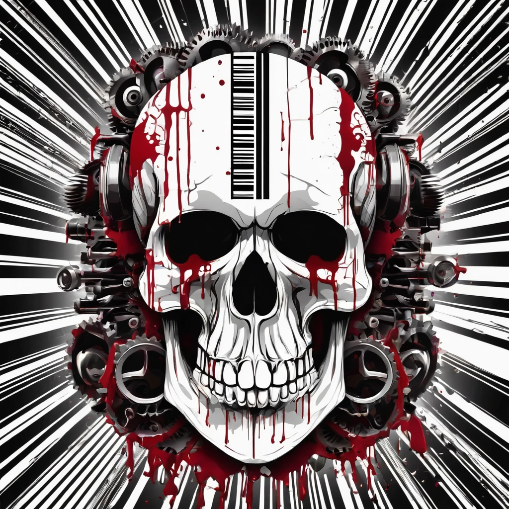 skull formed by a bleeding barcode, bacground factory gears.
