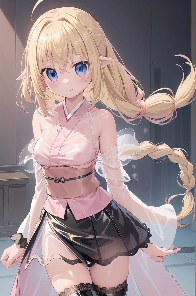 1girl,solo,cowboy shot,(standard height),standing,(blonde hair:1.4),long hair,twin braids,ahoge,hair ribbon,(blue eyes:1.2),(beautiful fingers:1.4),(perfect anatomy:1.4),(arms_behind_back:1.4),(cold_shoulder:1.4),BREAK,(pink silk lace glossy lamé kimono:1.6),(leotard:1.2),(latex luster shiny glossy metallic:1.4),(shiny_clothes:1.4),(medium breasts:1.4),(masterpiece:1.2),best quality,(Ultra high definition eyes:1.2),8k,(Beautiful detailed eyes:1.2),(Fine and beautiful eyes:1.2),(pretty eyes:1.2),finely detail,extremely CG, absurdres,high resolution,illustration,Detailed and beautiful outlines,finely detail,high resolution,(colorful refraction:1.4,Increase saturation:1.2),beautiful lighting,dynamic lighting,closed room,black background,simple background, smile,looking at viewer,roxy, white dress, neck ribbon, black ribbon, brown cape,(white Clear PVC sheets sleeves:1.4),(sheer sleeves:1.4),(see-through sleeves:1.4),(wide sleeves:1.2),(pink thigh boots:1.2)