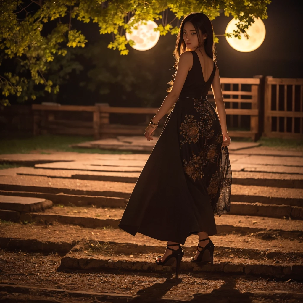 masterpiece, Highest quality, ((Shiobara)), 4K,8K,style,masterpiece, Creating Black Women, at night long charge, ((Super detailed)), Outdoor, night, nature, (performer, full moon), Shadow, Contrast, sunny, (style, (Film Grain: 1.3), (Warm shades, Warm Tones): 1.2), Cinematic Light, Side lighting, Ultra-high resolution, (The best shade), born, walk, poetry,