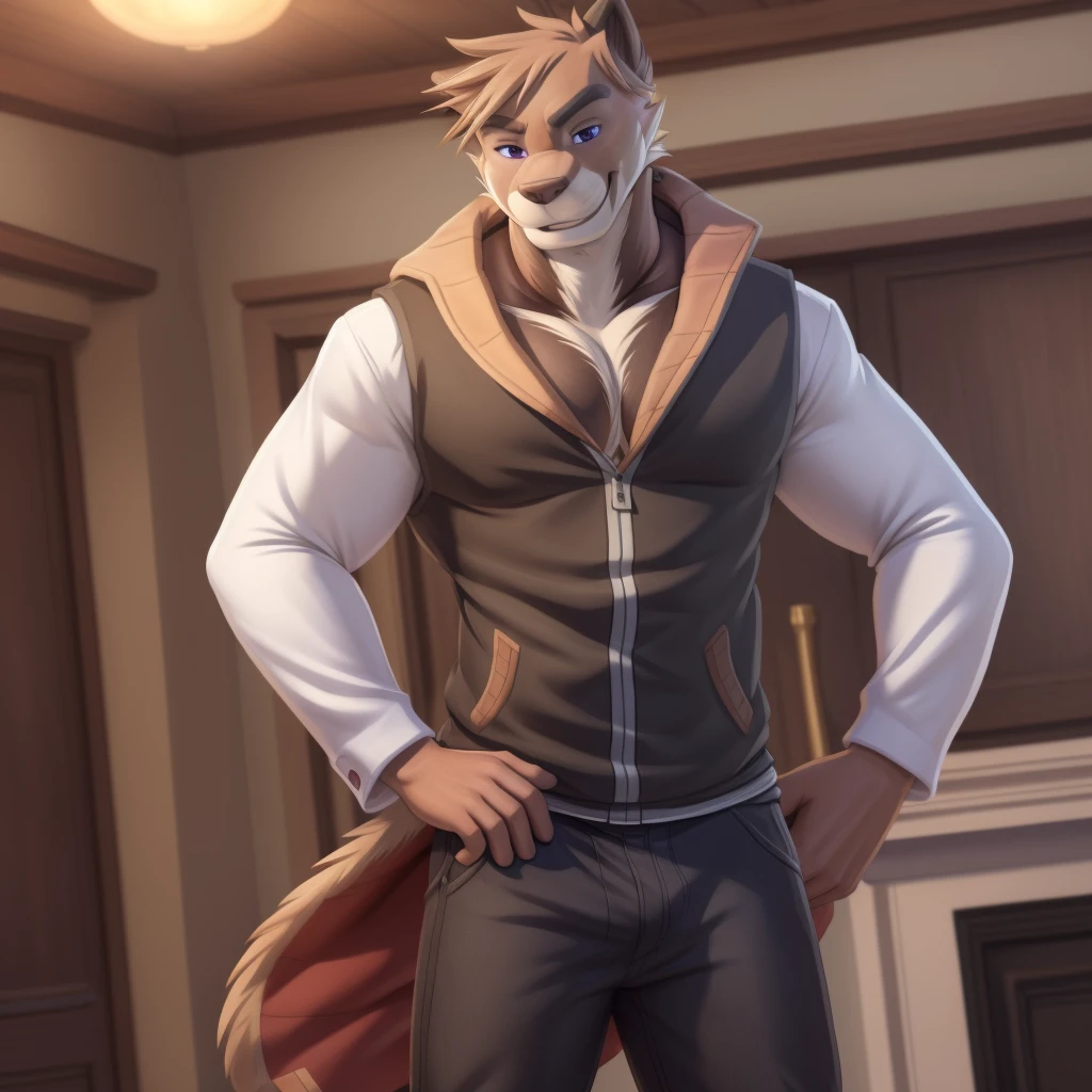 owen lorelei, muscular male, purple eyes, smile, (pose:1.3), (posing:1.3), (soft shading), 4k, hi res, ((detailed face, detailed)), (full body), by zackarry911, by zaush, (by personalami:0.5), jacket, brown jacket, white sleeves,bottomless, NSFW, big long penis, big balls, POV