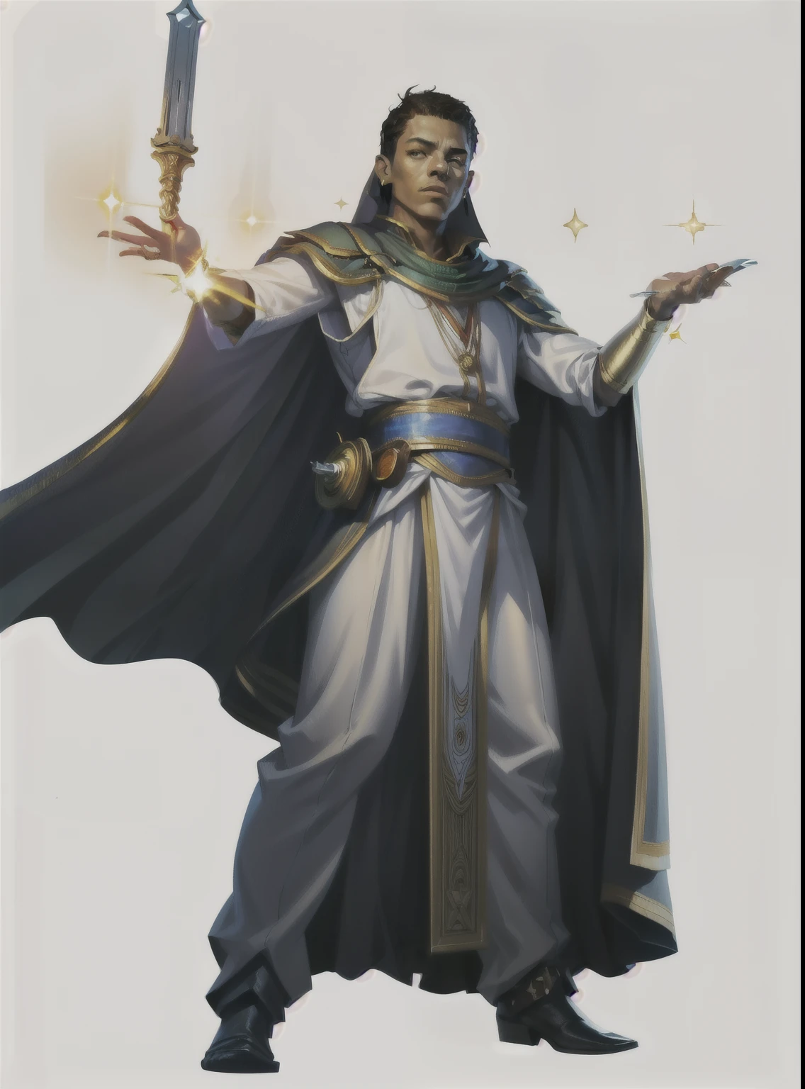 I want a character with a white background, png, full body image, a judge, with a golden cape on his back, and an erect posture, with a judge's gavel in his hand and a sparkle in his eyes, brown and black hair, of African descent.