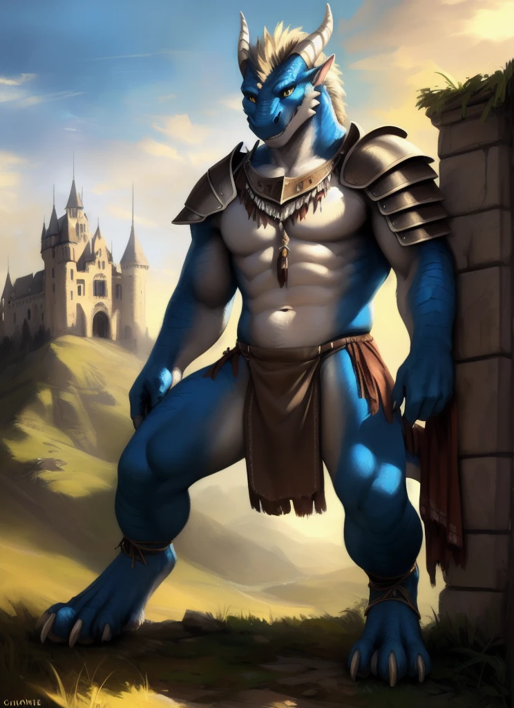uploaded on e621, (male anthro dragon), standing, solo, muscle, detailed scale texture, old castle, (battlefield), (tribal clothing, ((long loincloth))), (shoulder armor, leg armor), blue body, white belly, dawn, shaded, dim environment, (front view), looking pleasured, [simple background], detailed eyes, masterpiece artwork, caustics, rim lighting, single light source, sharp shadows, solo portrait, (digitgrade, toe claw), (realistic, photorealistic, hyper realistic, ultra detailed), by kenket, chunie