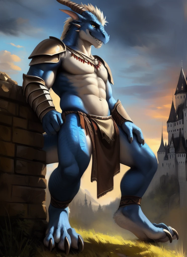 uploaded on e621, (male anthro dragon), standing, solo, muscle, detailed scale texture, old castle, (battlefield), (tribal clothing, ((long loincloth))), (shoulder armor, leg armor), blue body, white belly, dawn, shaded, dim environment, (front view), looking pleasured, [simple background], detailed eyes, masterpiece artwork, caustics, rim lighting, single light source, sharp shadows, solo portrait, (digitgrade, toe claw), (realistic, photorealistic, hyper realistic, ultra detailed), by kenket, chunie