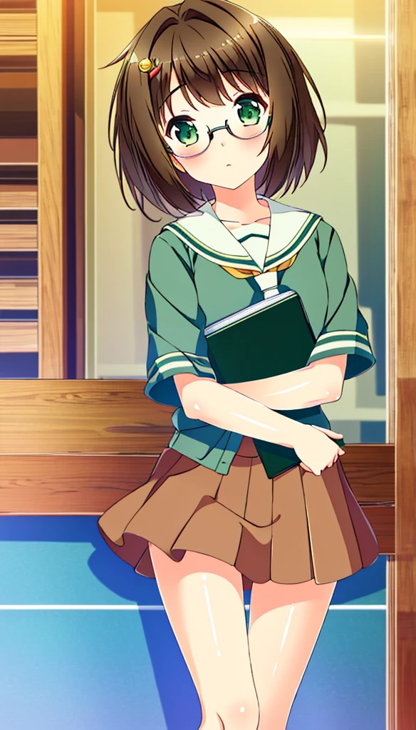 1 girl,Brown hair,green eyes,Miku Maekawa,glasses,Brown hair,Thighs,,green eyes,1 girl,short hair,hair ornament,if,school if,book,Skirt,, Masterpiece, Best Quality,