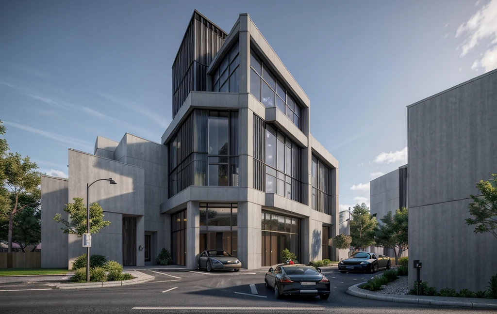 a rendering of a modern building with a car parked in front of it, architectural render, a photorealistic rendering, low angle dimetric rendering, architectural 3 d render, rendered in lumion pro, architectural visualization, architecture render, mantra rendering, wide angle exterior 2022, precise architectural rendering, lumion render, rendered in lumion, architectural rendering, depth of field, motion blur, vignetting, ray tracing, masterpiece, high details, high quality, best quality, highres