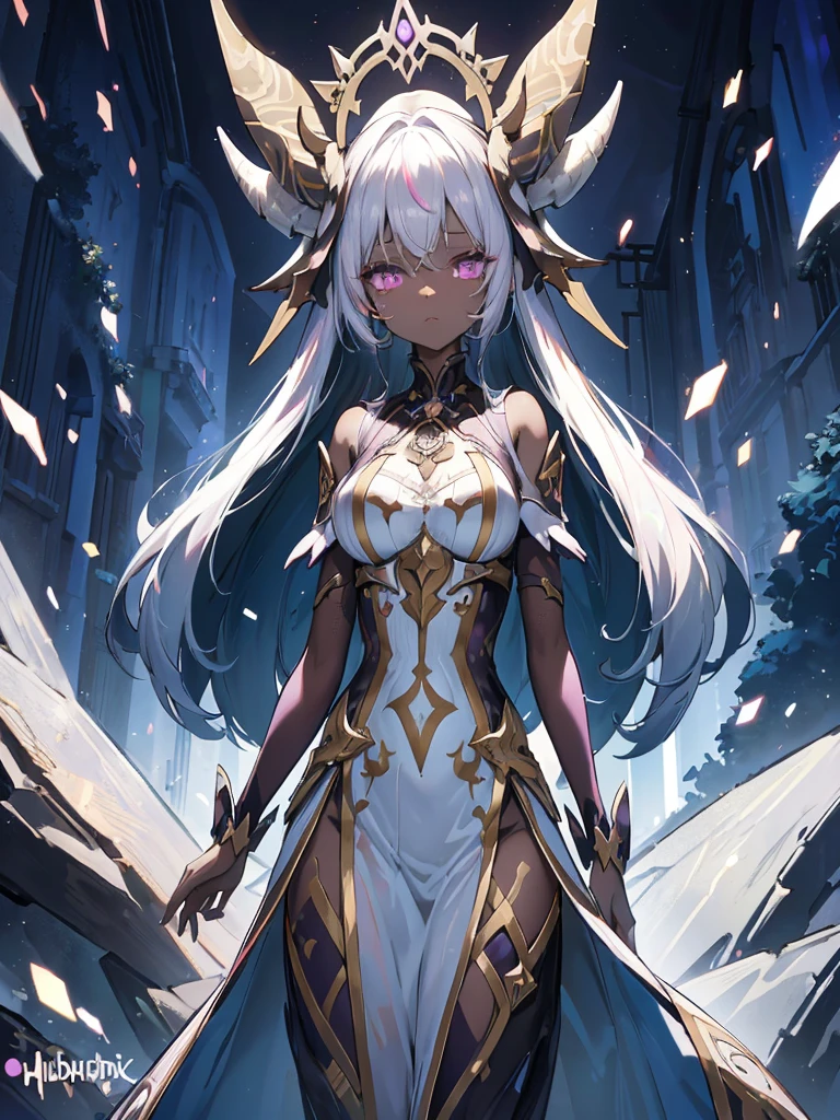 absurdres, ((high-resolution)), ultra detailed, vivid colors, abyssal goddess, dark skin, horns, white hair, ((medium hair:1.2)), (sidelocks:1.3), purple eyes, disheveled hair, long sleeves, fril gothic dress, purple and pink outfit, abyssal, darkness, tentacles, fractal, psychedelic, Whimsical