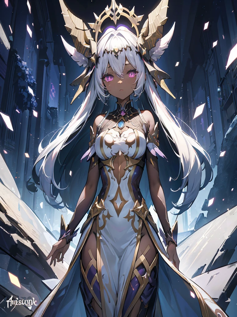 absurdres, ((high-resolution)), ultra detailed, vivid colors, abyssal goddess, dark skin, horns, white hair, ((medium hair:1.2)), (sidelocks:1.3), purple eyes, disheveled hair, long sleeves, fril gothic dress, purple and pink outfit, abyssal, darkness, tentacles, fractal, psychedelic, Whimsical