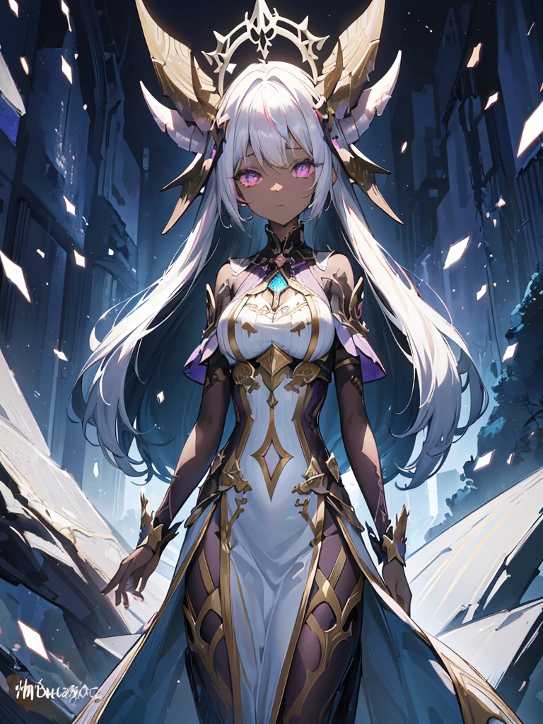 absurdres, ((high-resolution)), ultra detailed, vivid colors, abyssal goddess, dark skin, horns, white hair, ((medium hair:1.2)), (sidelocks:1.3), purple eyes, disheveled hair, long sleeves, fril gothic dress, purple and pink outfit, abyssal, darkness, tentacles, fractal, psychedelic, Whimsical