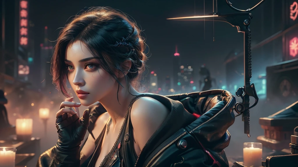 (masterpiece), (best quality), (very detailed), ((1 female assassin)), (cyberpunk), future city background, detailed eyes, Detailed nose, Detailed lips, perfect face, perfect body, revealing clothing