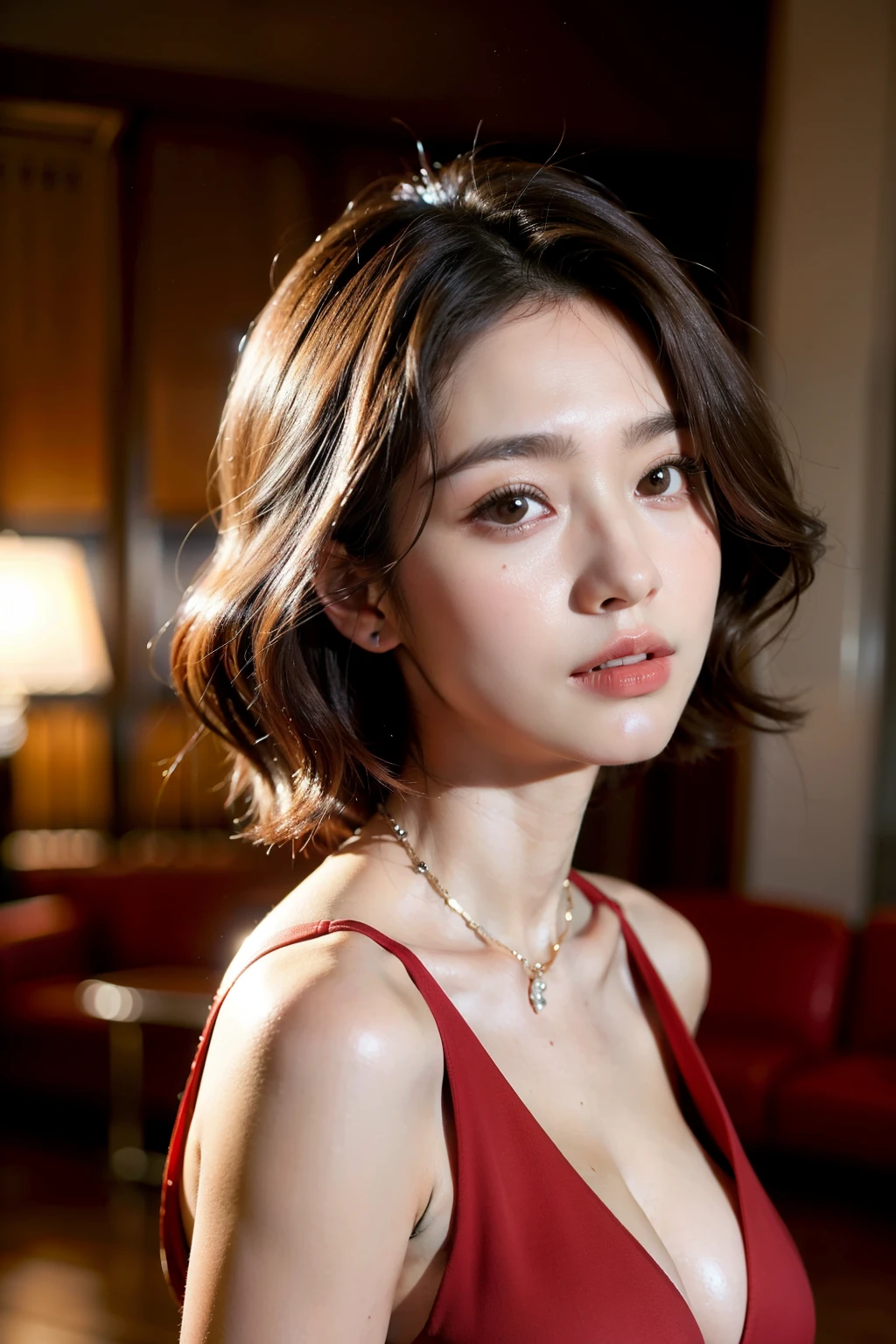 ((best quality)), ((masterpiece)), (extremely detailed beautiful face),  young Taiwanese woman, big breasts, cleavage, (short hair), wavy hair, brown hair, wearing a red party dress, indoor, gorgeous hotel, lobby, moody lighting, elegant, bright and modern setting, soft expression, professional photo, soft bokeh, simple background,
