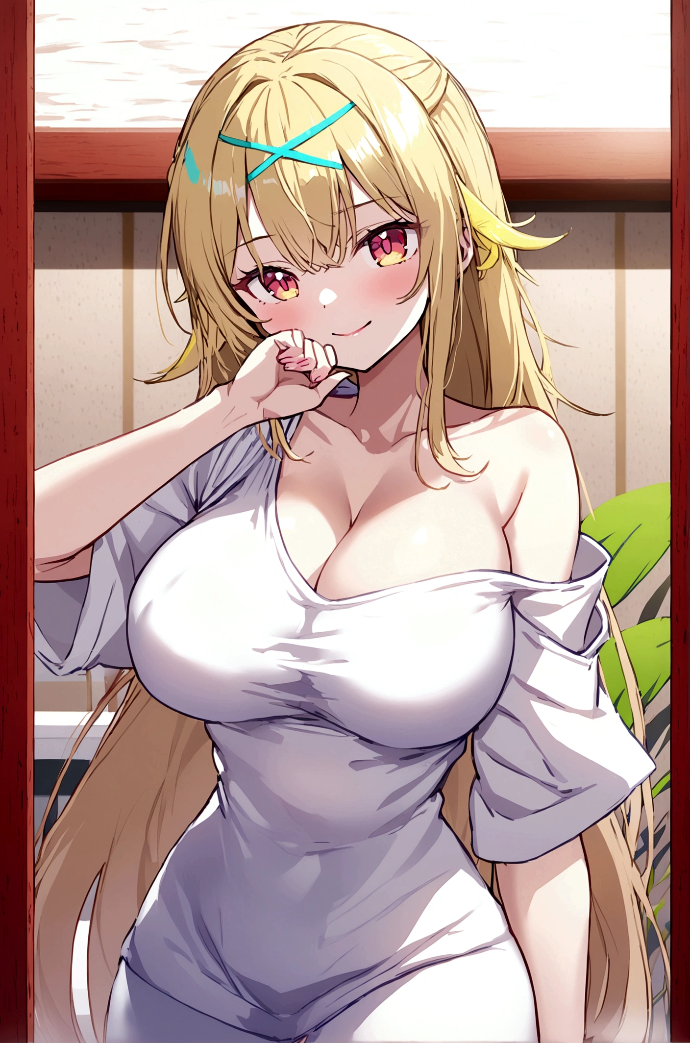 Anime girl, large breasts, cleavage, white oversized T-shirt off one shoulder