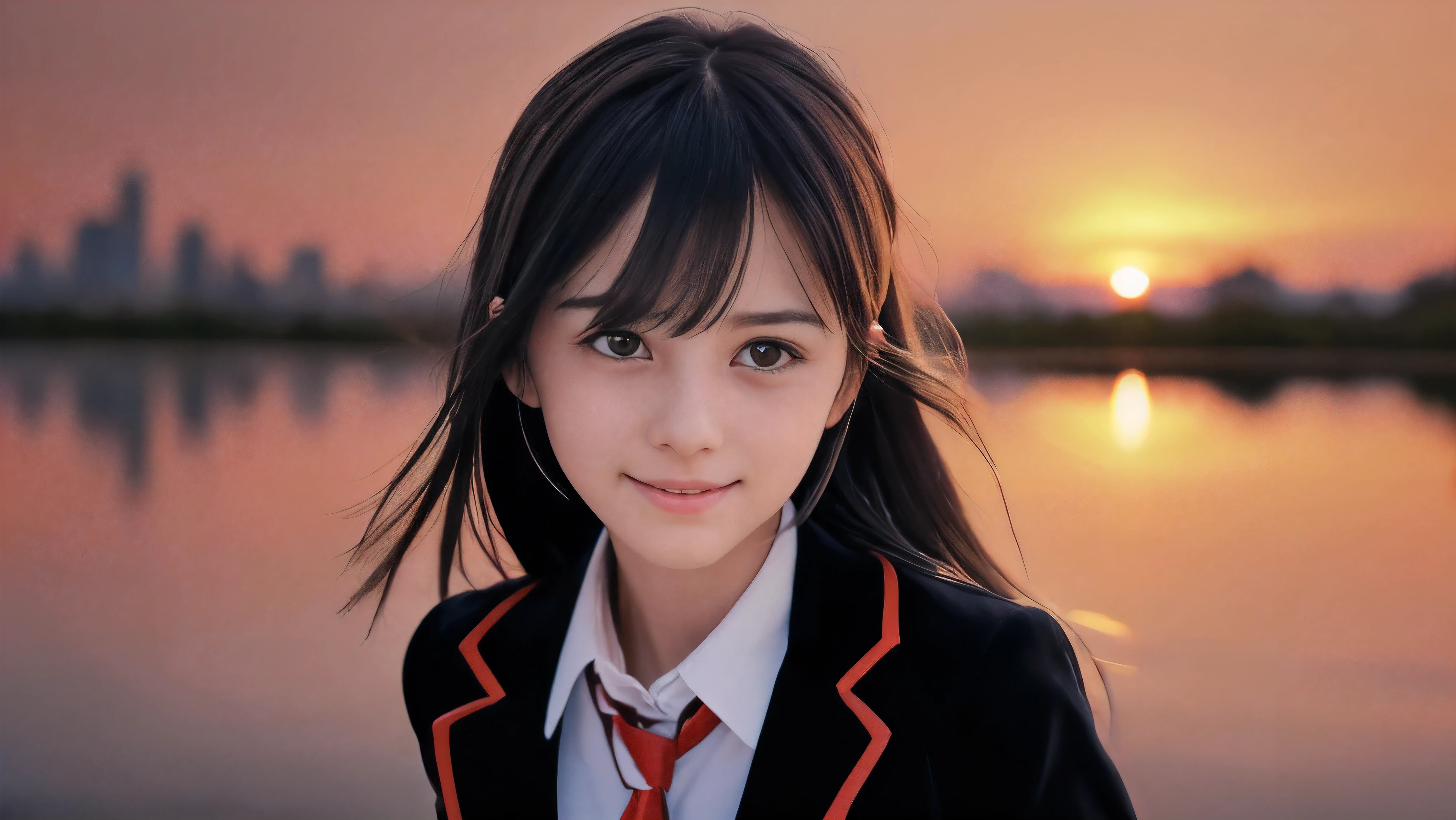 (Close up face shot of one slender small breasts two side up black medium hair bangs girl with crying little smile face in long sleeves black school uniform:1.5)、(One girl is turn around at sunset red sky with her face is reflected sunset light and her hair is blowing in long sleeves black school uniform:1.5)、(Beautiful red sunset sky at skyscraper city landscape:1.5)、(8k ultra detailed master piece:1.5)、(perfect anatomy:1.5)、(Photorealistic stick:1.5)、(Raw photo:1.3)、(highest quality:1.5)、(High resolution:1.3)、(Delicate and beautiful perfect face:1.3)、(Delicate and beautiful eye air skin:1.3)、(Real Human Skin:1.3)、((thin legs))