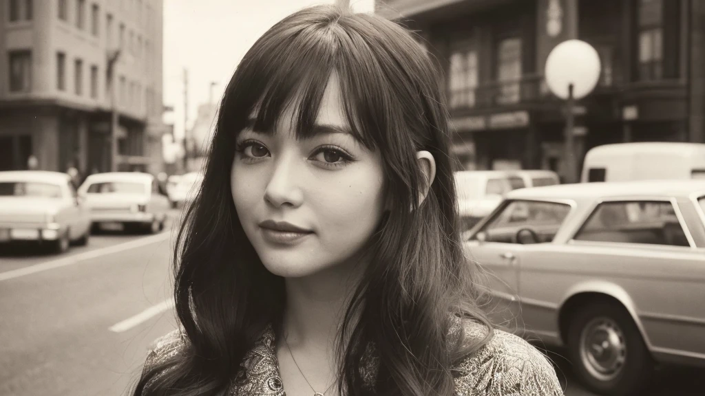 (1970s women:1.3), (1women:1.3), smile shyly, (highly detailed face), (extremely detailed beautiful face), (Early Showa hairstyle, retro hairstyle, 1970 fashionable clothing, oldies fashion:1.3), (Best Quality:1.4), (Ultra-detailed), extremely detailed CG unified 8k wallpaper, Realistic portrait, Beautiful detailed, High-definition raw color photos, professional photography, (fine face:1.2), focus on women, (oldies, oldies songs, Old photos, retro photos, sepia photos, valuable photos that give you a sense of the times), A scene from a retro movie from the 1970s,