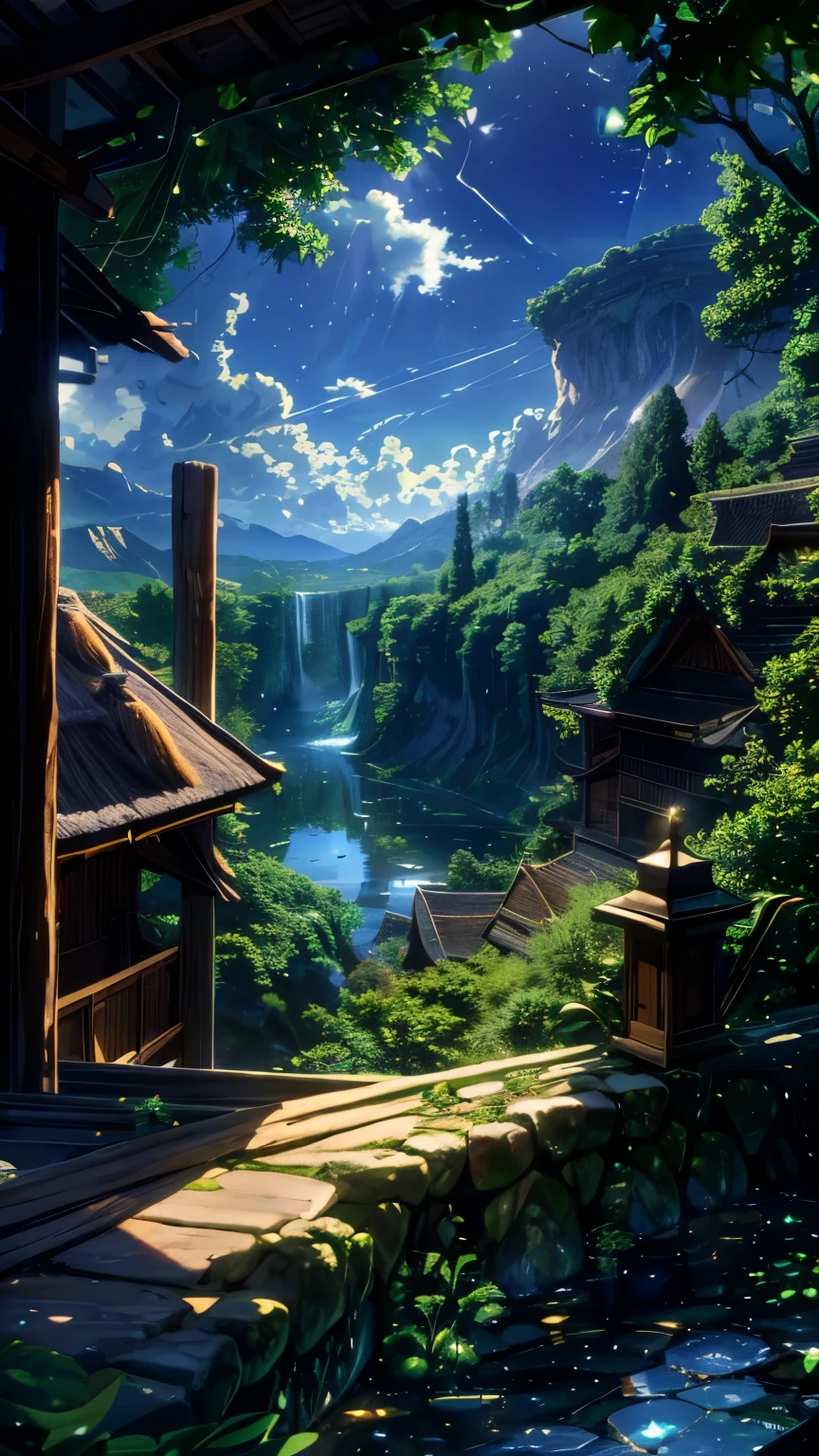 There is a huge ancient tree in the middle of the picture、The leaves emit a golden glow（Glowing balls），thatched hut、springtime、jungles、lakes、waterfallr、grassy fields、Rochas、hot onsen、hydrosphere、surrounded by cloud，（illustratio：1.0）、Epic composition、Realistic lighting、high definition detail、tmasterpiece、Best quality，（Very detailed CG unified 8k wallpaper）(glowing fireflies and butterfiles )(greenery view)(bright blue shinning sky)(night view)(borkeh effect)(view from top angle)
