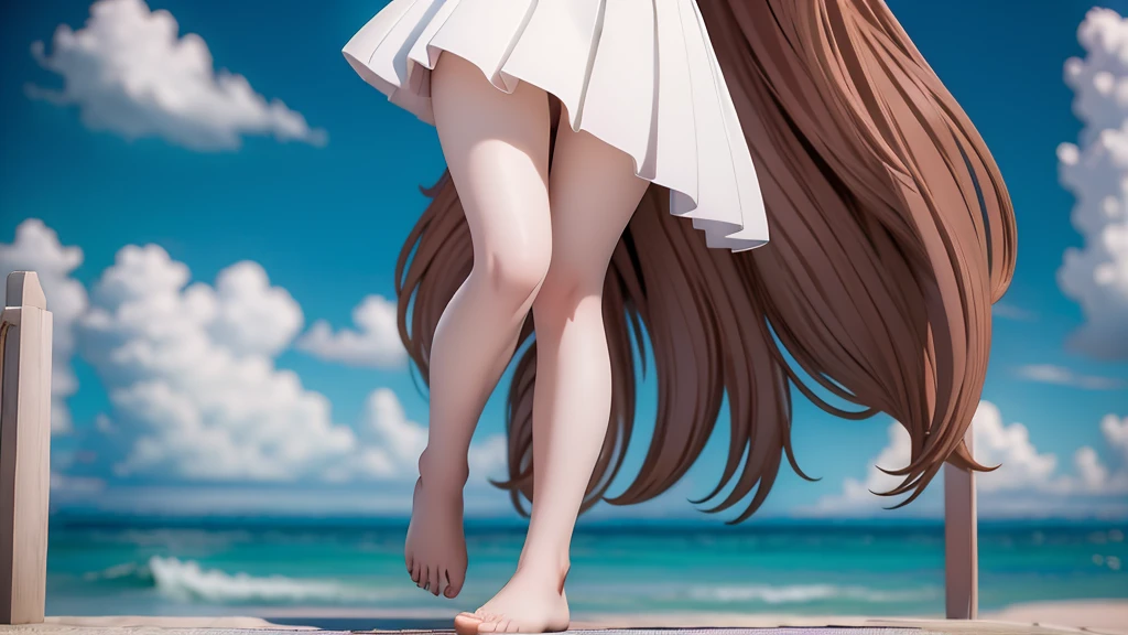 One girl, Long Hair, barefoot, (Small chest: 0) Looking down, Dynamic pose,   Sailor suit、Long skirt, Anxious face (Highly refined skin),  Detailed face, 8K Ultra HD, Soft Light, high quality, Full body portrait.Strong winds、Glare、