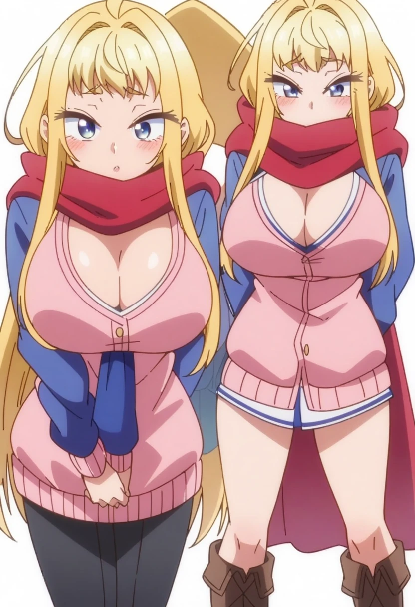 (anime art style), (cartoon), masterpiece, best quality, very aesthetic, absurdres, minamifuyuki, 1girl, blonde hair, long hair, sidelocks, ahoge, blue eyes, big breasts, scarf, red scarf, cleavage, , blue jacket, pink cardigan, brown boots, ((feet out frame)), (from front), (white background), (simple background), ((thinking)), (standing), (looking at viewer:1.0)