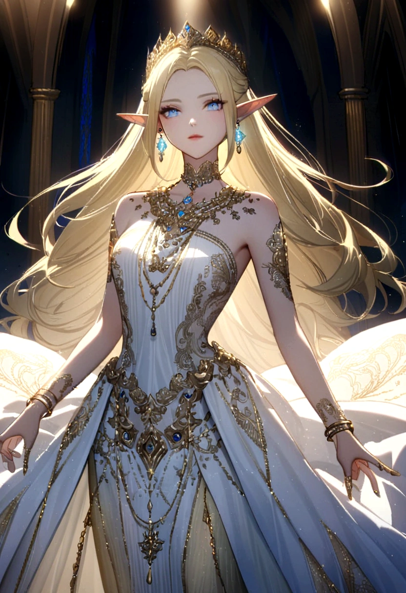 Adorned with luxurious accessories, the blonde-haired, blue-eyed elf queen captivates the viewer with her regal presence. Her gown, embroidered with gold and silver threads and intricately patterned with brightly colored threads, shimmers in the ethereal light. Ears adorned with pierced earrings sparkle, an elegant necklace adorns the slender neck, and rings and bangles adorn the fingers.