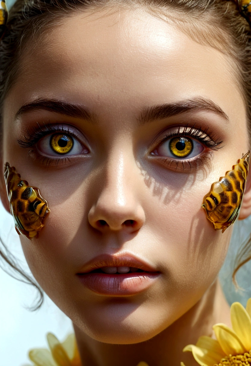 photoillustration double exposure of merged, a queen bee, a girl, full face, (transparency effect )big eyes as bee eyes fit on her eyes, facet-bee eyes, crystalite eyes, (transparency effect mouth as bee-mouth fit on her mouth), macro photography, delicate skin, attractive pose, fashion pose, photo art, digital manipulated, extremely detailed, dramatic lighting, vivid color, intricate, 8k UHD, epic realism, fantasy art