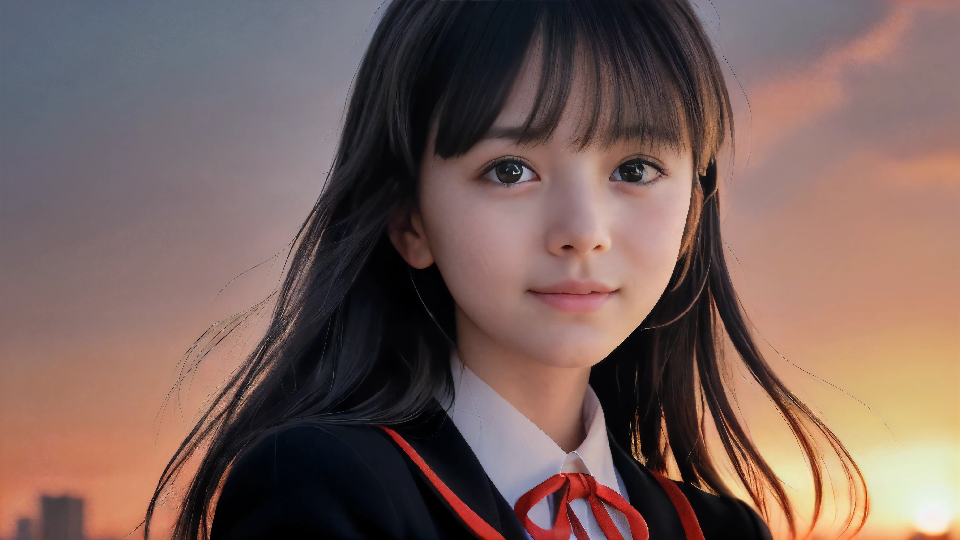 (Close up face shot of one slender small breasts two side up black medium hair bangs girl with crying little smile face in long sleeves black school uniform:1.5)、(One girl is turn around at sunset red sky with her face is reflected sunset light and her hair is blowing in long sleeves black school uniform:1.5)、(Beautiful red sunset sky at skyscraper city landscape:1.5)、(8k ultra detailed master piece:1.5)、(perfect anatomy:1.5)、(Photorealistic stick:1.5)、(Raw photo:1.3)、(highest quality:1.5)、(High resolution:1.3)、(Delicate and beautiful perfect face:1.3)、(Delicate and beautiful eye air skin:1.3)、(Real Human Skin:1.3)、((thin legs))