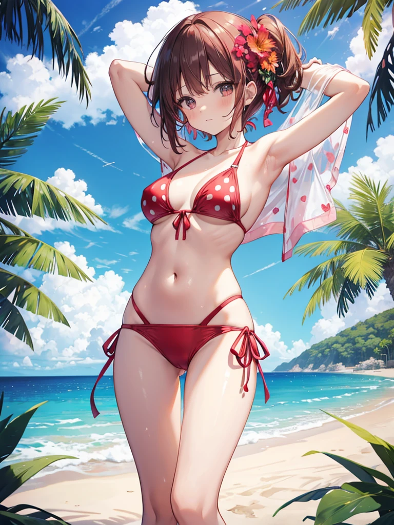 Woman in bikini posing on the beach next to palm trees,Woman wearing bikini and red and white bikini top,Sling bikini top, Bikini under clothes, Yellow one piece swimsuit, Colorful bikinis, Sports Bikini, Tankini, Brown Bikini, Aqua Bikini, Bikini Lift, Polka dot bikini, Checkered Bikini, Micro Bikini, Wear a swimsuit over your clothes, Dresses Swimwear, Pink Bikini, High leg swimsuit, Bikini Top Side, Red Bikini,