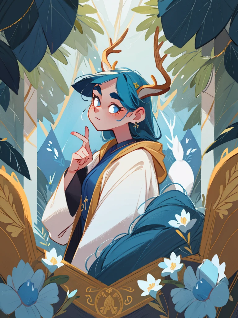 tarot, gold BORDER, mystical forest theme, masterpiece, best quality, extremely detailed, detailed background, detailed face, 1girl, full-body, solo, pale skin, dark blue hair, deer ears, white deer horns, happy expression, white jacket, blue flowers, good finger, perfect face, intricate details