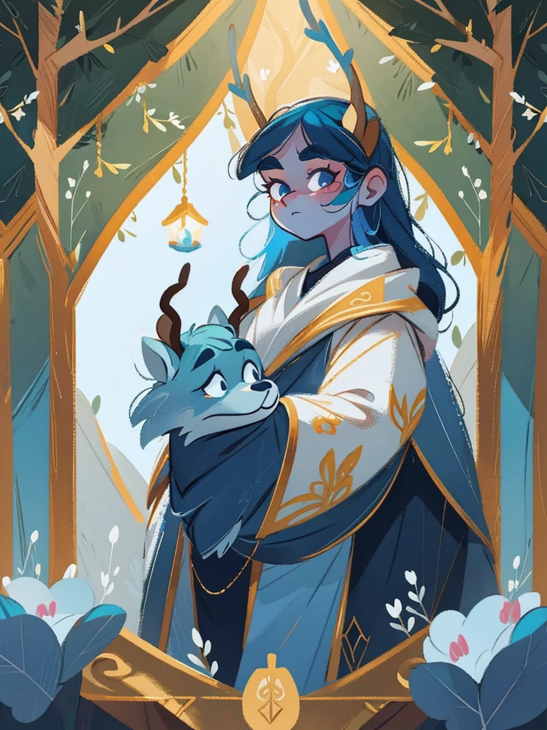 tarot, gold BORDER, mystical forest theme, masterpiece, best quality, extremely detailed, detailed background, detailed face, 1girl, full-body, solo, pale skin, dark blue hair, deer ears, white deer horns, happy expression, white jacket, blue flowers, good finger, perfect face, intricate details