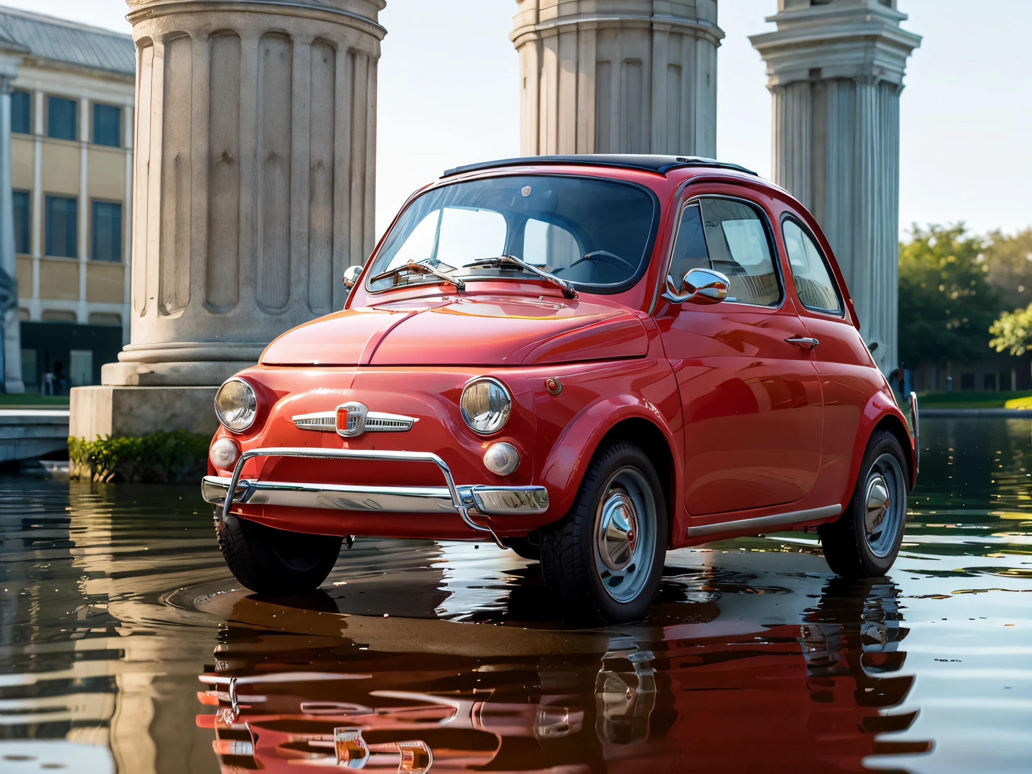 (FIAT500, classical old Italian Fiat 500 car), a small red car resting on a column at the center of a crystal clear lake in a city of the future.