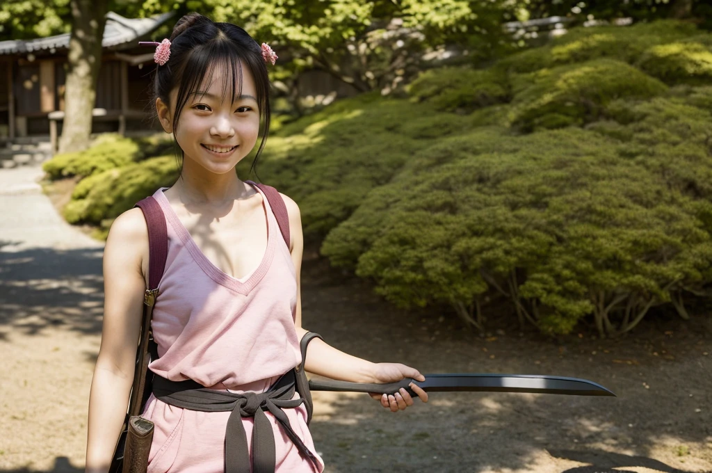 1girl, cute,  smiling, wearing japanese samurai pink armer, having a japanese katana, having a small bag three balls are in, many trees in her background, detailed background,(photorealistic:1.4),  (in the dark, deep shadow,low key:1.1), diffused natural skin glow,  diffused dark light, wide shot