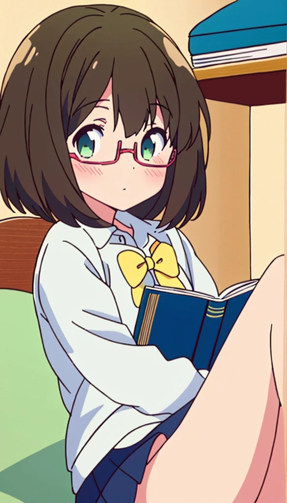 1 girl,Brown hair,green eyes,Miku Maekawa,glasses,Brown hair,Thighs,,green eyes,1 girl,short hair,hair ornament,if,school if,book,Skirt,, Masterpiece, Best Quality,