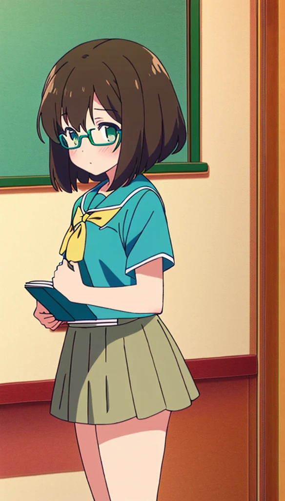 1 girl,Brown hair,green eyes,Miku Maekawa,glasses,Brown hair,Thighs,,green eyes,1 girl,short hair,hair ornament,if,school if,book,Skirt,, Masterpiece, Best Quality,