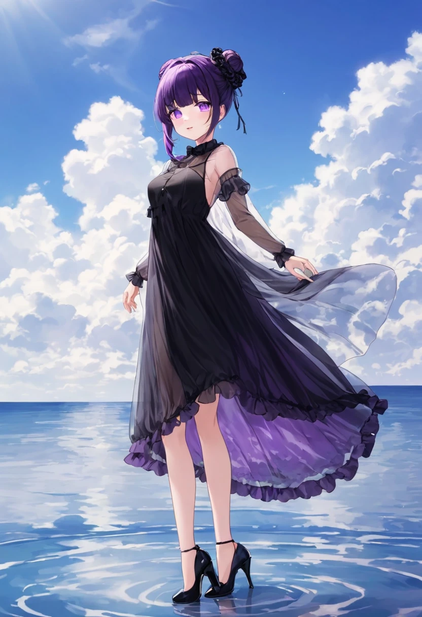 Black purple hair,Purple eyes,Carly,Adorable, Girls,((See through the gorgeous see-through black dress)),High heels on your feet,Standing on the surface of the sea,Standing on the surface of the sea,whole body,Fingers and arms are not exposed,Background sea,Blue sky and white clouds,,Happy expression,High quality light and shadow,Artistic Sense((Hair Bun))(Very long hair))((Blunt bangs))((Bitch))((tsurime))((Big eyes))((Skinny body))((expensive))(Pale skin))((Botanical Prints))((infant)wing nipples under shirt))(Pale skin))((Botanical Prints))((infant))((nsf(5 years old)))(((infalita))