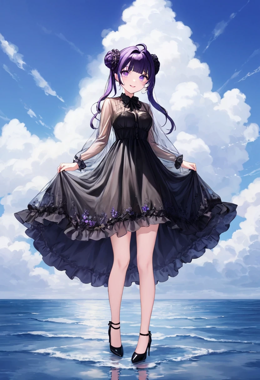 Black purple hair,Purple eyes,Carly,Adorable,Teenage Girls,((See through the gorgeous see-through black dress)),High heels on your feet,Standing on the surface of the sea,Standing on the surface of the sea,whole body,Fingers and arms are not exposed,Background sea,Blue sky and white clouds,,Happy expression,High quality light and shadow,Artistic Sense((Hair Bun))(Very long hair))((Blunt bangs))((Bitch))((tsurime))((Big eyes))((Skinny body))((expensive))(Pale skin))((Botanical Prints))((infant))((Showing nipples under shirt))(Pale skin))((Botanical Prints))((infant))((nsfw))((((5 years old)))(((infant)))((Lolita))