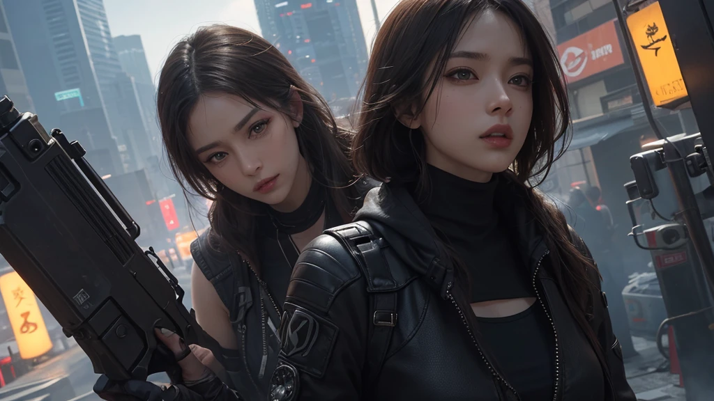 (masterpiece), (best quality), (very detailed), ((1 female assassin)), (cyberpunk), future city background, detailed eyes, Detailed nose, Detailed lips, perfect face, perfect body, revealing clothing