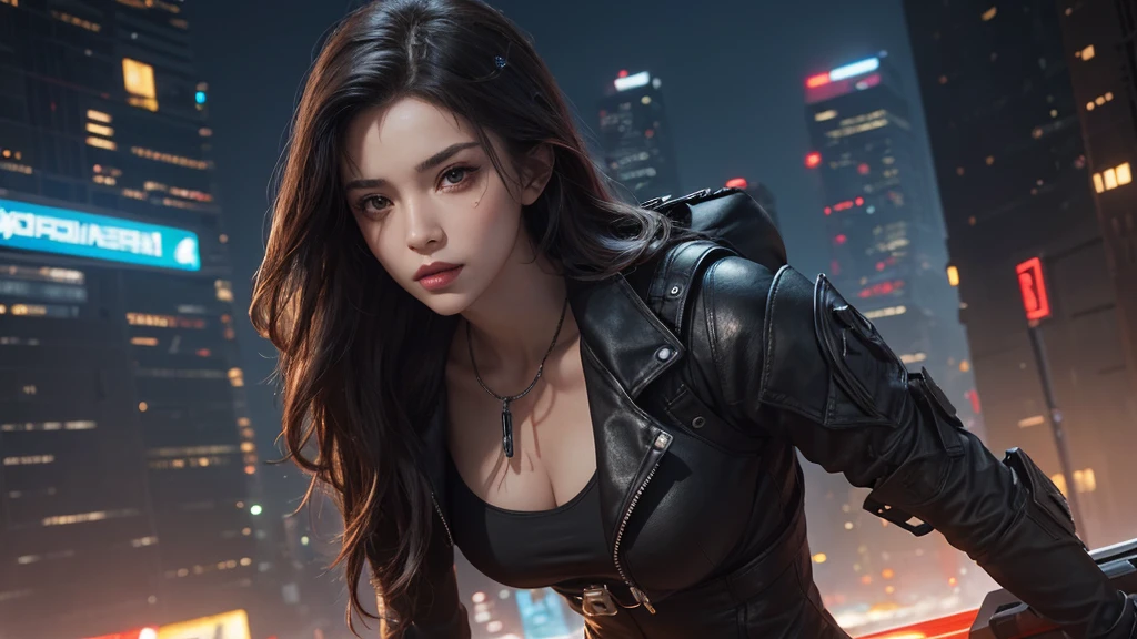 (masterpiece), (best quality), (very detailed), ((1 female assassin)), (cyberpunk), future city background, detailed eyes, Detailed nose, Detailed lips, perfect face, perfect body, revealing clothing