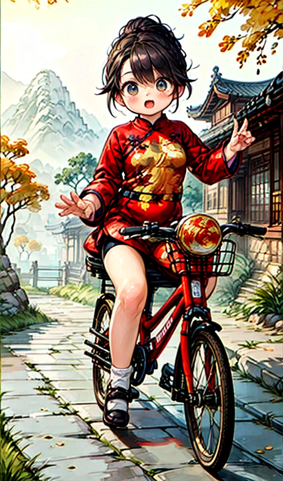 1female\(cute,kawaii,small kid,hair floating,hair color dark brown,hair\(braid twin bun,chinese style\),eye color dark brown,big eyes,(cute classical Fashion cheongsam:1.5),breast,riding a (bicycle\(old,classic,chinese bicycle\):1.3),dynamic angle,long shot,(full body:1.3),\),background\(outside,chinese countryside,crowdy main street, gravel road,chinese people\(walking, classic fashion \),csal_scenery,Xihu\),(long shot:1.5),(wide shot),landscape, BREAK ,quality\(8k,wallpaper of extremely detailed CG unit, ​masterpiece,hight resolution,top-quality,top-quality real texture skin,hyper realisitic,increase the resolution,RAW photos,best qualtiy,highly detailed,the wallpaper,cinematic lighting,ray trace,golden ratio\)
