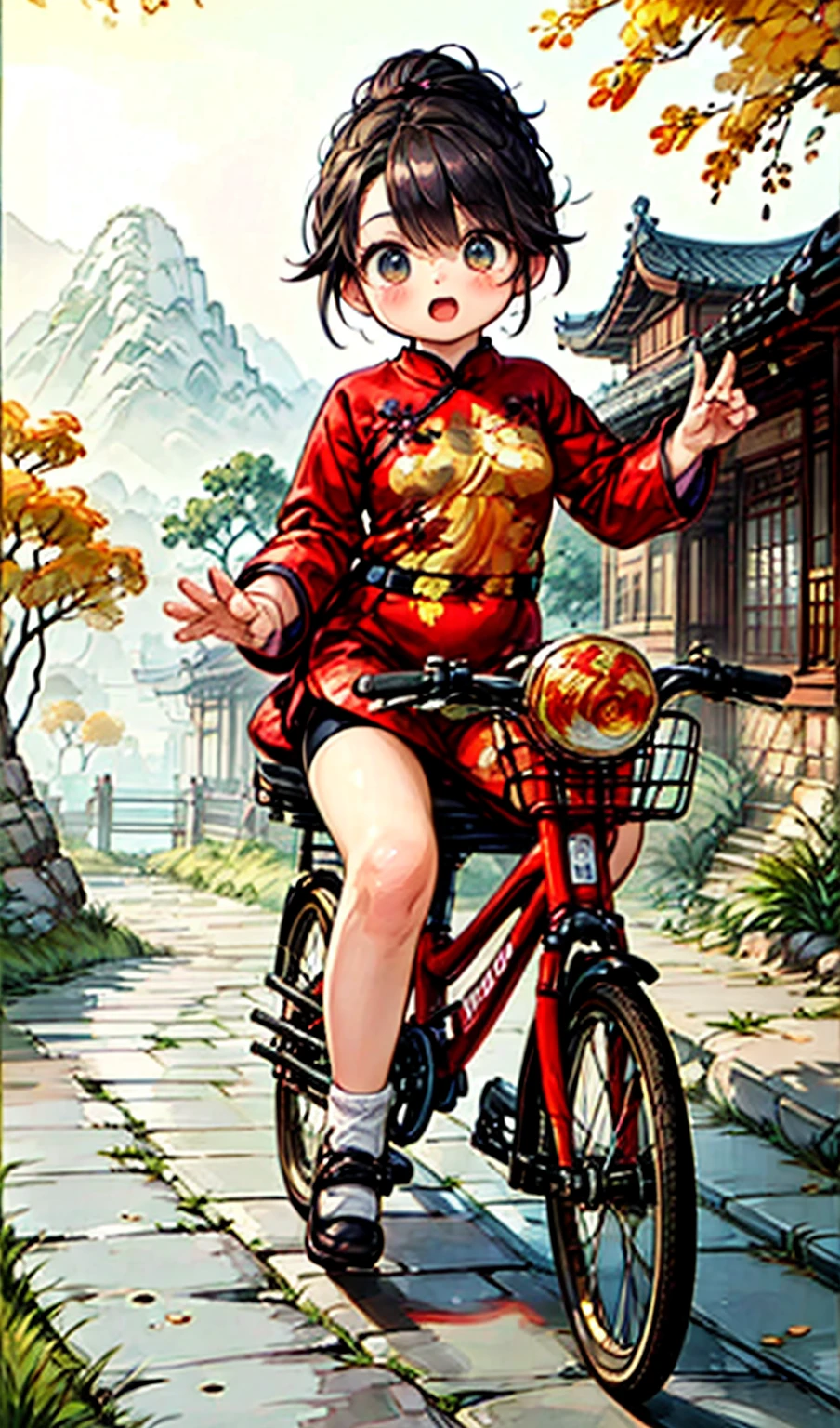 1female\(cute,kawaii,,hair floating,hair color dark brown,hair\(braid twin bun,chinese style\),eye color dark brown,big eyes,(cute classical Fashion cheongsam:1.5),breast,riding a (bicycle\(old,classic,chinese bicycle\):1.3),dynamic angle,long shot,(full body:1.3),\),background\(outside,chinese countryside,crowdy main street, gravel road,chinese people\(walking, classic fashion \),csal_scenery,Xihu\),(long shot:1.5),(wide shot),landscape, BREAK ,quality\(8k,wallpaper of extremely detailed CG unit, ​masterpiece,hight resolution,top-quality,top-quality real texture skin,hyper realisitic,increase the resolution,RAW photos,best qualtiy,highly detailed,the wallpaper,cinematic lighting,ray trace,golden ratio\)
