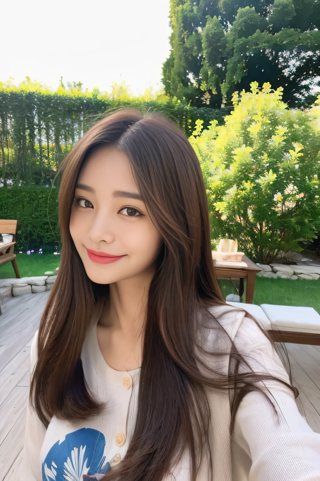 seed:2020674263.((Full body angle:1.1)).((Highest quality, 8K, masterpiece:1.3)), ((from below:1.1)).concentrated:1.2, Perfect body beauty:1.4, Hips:1.2, ((Delicate Hair)), (Colorful button-through crop shirt :1.1) , ((Highest quality、8k、masterpiece:1.3))、1 Girl、A sloppy smile、Esbian all over、Slim face、Big Boobs、Beautiful woman、(Dark Brown Hair)、Long Hair、1.1、Flickering Valley、Detailed eyes、double eyelid、Blurred Background、超Slim face、Smile、Looking down、stroll、