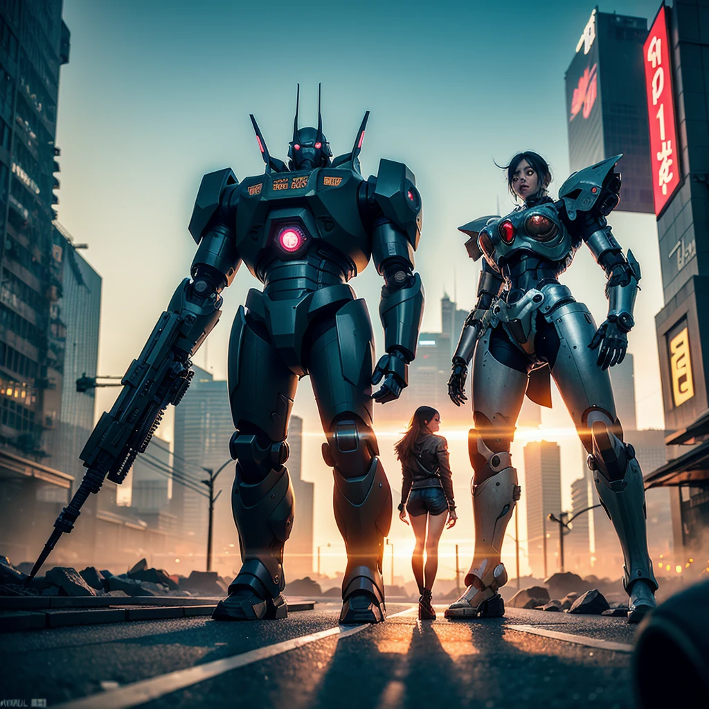beautiful girl in short shorts and jacket standing next to brutal giant mecha cyborg, artwork in the style of guweiz, cyberpunk beautiful girl mech, trending on cgstation, guweiz, by Russell Dongjun Lu, digital cyberpunk art, ross tran 8 k, guweiz on artstation pixiv, girl in mecha cyber armor.