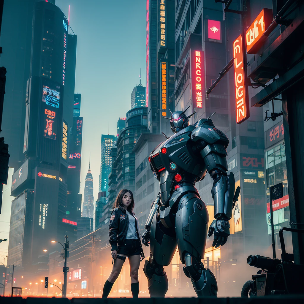 beautiful girl in short shorts and jacket standing next to brutal giant mecha cyborg, artwork in the style of guweiz, cyberpunk beautiful girl mech, trending on cgstation, guweiz, by Russell Dongjun Lu, digital cyberpunk art, ross tran 8 k, guweiz on artstation pixiv, girl in mecha cyber armor.