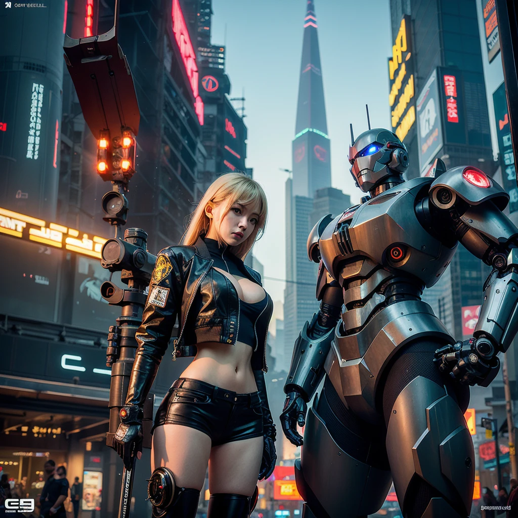 beautiful girl in short shorts and jacket standing next to brutal giant mecha cyborg, artwork in the style of guweiz, cyberpunk beautiful girl mech, trending on cgstation, guweiz, by Russell Dongjun Lu, digital cyberpunk art, ross tran 8 k, guweiz on artstation pixiv, girl in mecha cyber armor.