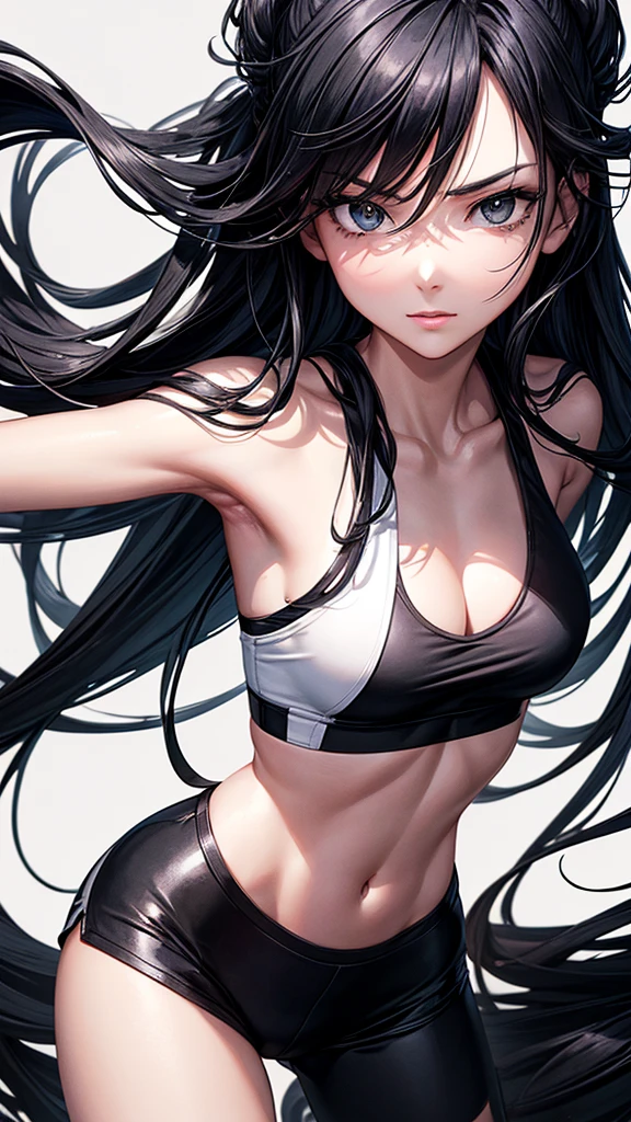 Create a high-quality, black and white digital illustration featuring a slender, fit woman with long black hair. She is wearing a tight black tank top and short black athletic shorts. The character should be depicted in two different poses: one full-body view and one close-up portrait. The art style should have a sleek, semi-realistic feel with strong contrast and smooth shading. Ensure that the character exudes confidence and elegance. The image should be dynamic and visually appealing, similar to manga or anime character designs should be 2d and artistic