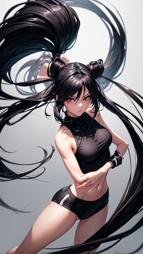 Create a high-quality, black and white digital illustration featuring a slender, fit woman with long black hair. She is wearing a tight black tank top and short black athletic shorts. The character should be depicted in two different poses: one full-body view and one close-up portrait. The art style should have a sleek, semi-realistic feel with strong contrast and smooth shading. Ensure that the character exudes confidence and elegance. The image should be dynamic and visually appealing, similar to manga or anime character designs should be 2d and artistic