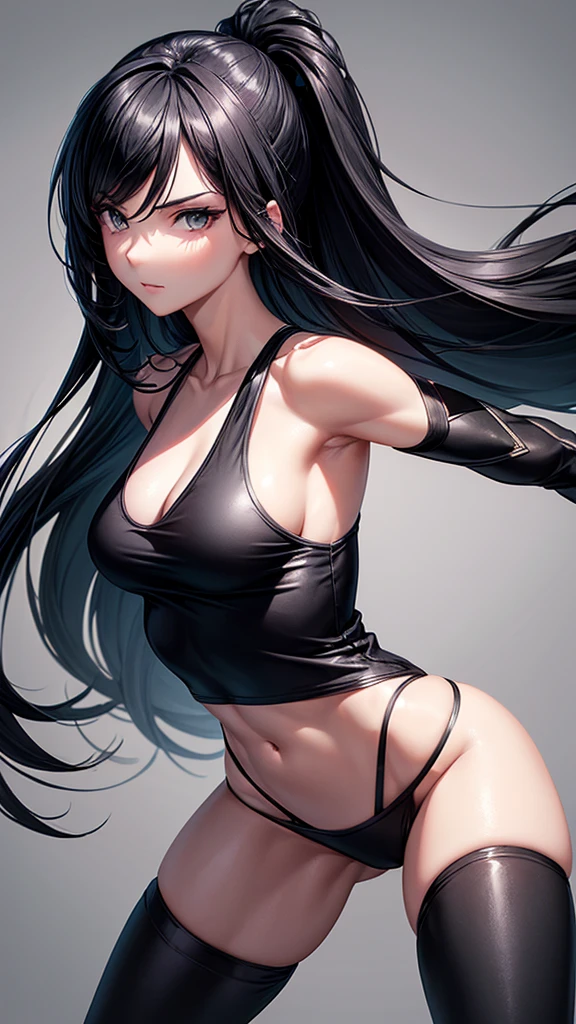 Create a high-quality, black and white digital illustration featuring a slender, fit woman with long black hair. She is wearing a tight black tank top and short black athletic shorts. The character should be depicted in two different poses: one full-body view and one close-up portrait. The art style should have a sleek, semi-realistic feel with strong contrast and smooth shading. Ensure that the character exudes confidence and elegance. The image should be dynamic and visually appealing, similar to manga or anime character designs should be 2d and artistic 