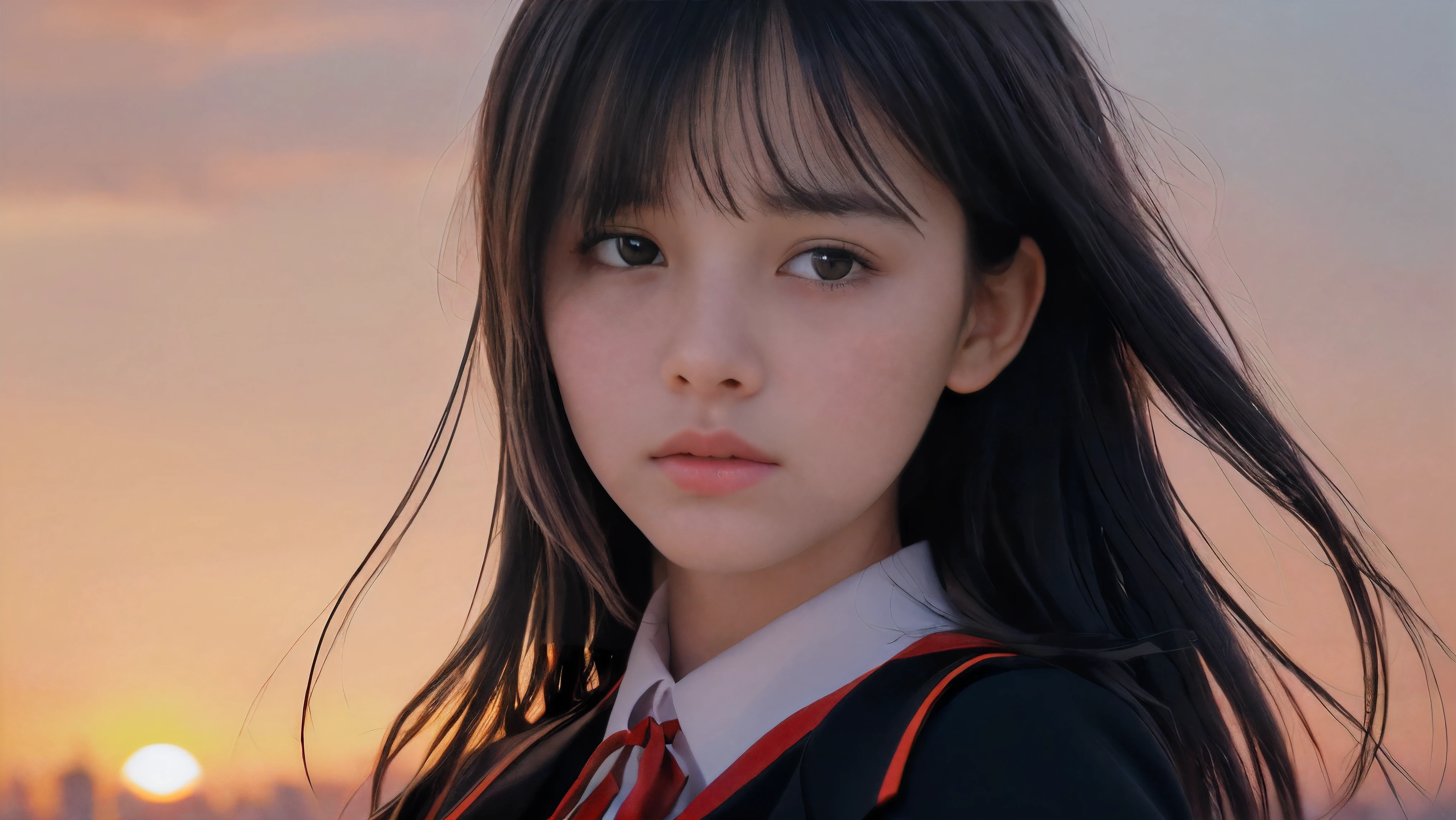 (Close up face shot of one slender small breasts two side up black medium hair bangs girl crying  with tears on her face in long sleeves black school uniform:1.5)、(One girl is turn around at sunset red sky with her face is reflected sunset light and her hair is blowing in long sleeves black school uniform:1.5)、(Beautiful red sunset sky at skyscraper city landscape:1.5)、(8k ultra detailed master piece:1.5)、(perfect anatomy:1.5)、(Photorealistic stick:1.5)、(Raw photo:1.3)、(highest quality:1.5)、(High resolution:1.3)、(Delicate and beautiful perfect face:1.3)、(Delicate and beautiful eye air skin:1.3)、(Real Human Skin:1.3)、((thin legs))