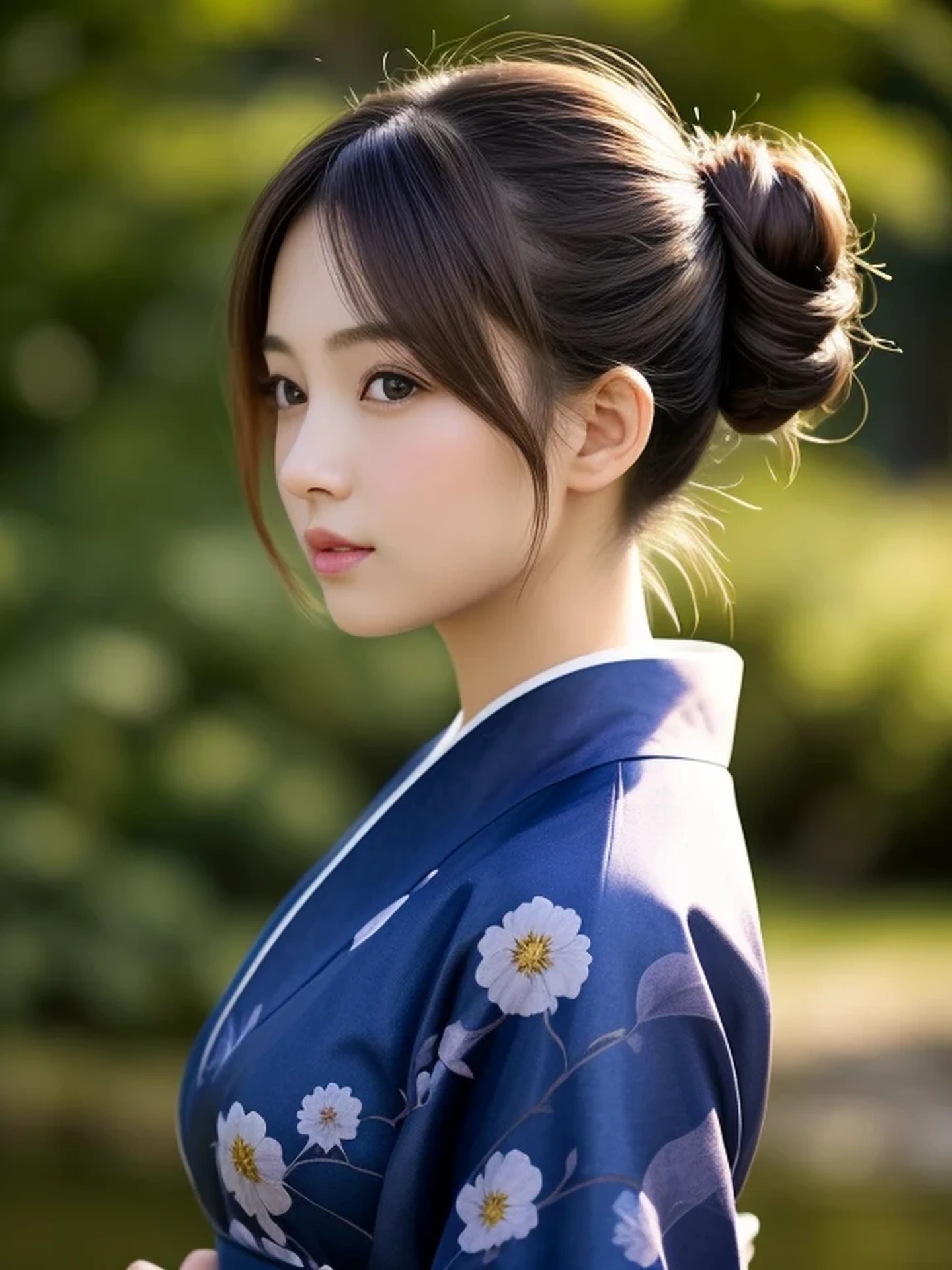 1 Japanese girl, (looking away:1.4), (upper body shot:1.2), Beautifully detailed eyeballs, catchlight in the eyes, Realistic digital painting of a woman portrait, Shy, Cute, open mouth to say something, happy, brown eyes, (half updo,:1.1), (light brown brunette hair:1.3), (Highly detailed skin:1.2), Mystical style, Global Illumination, Traditional Japanese　floral printed Kimono, A silk kimono with a deep indigo base. temple