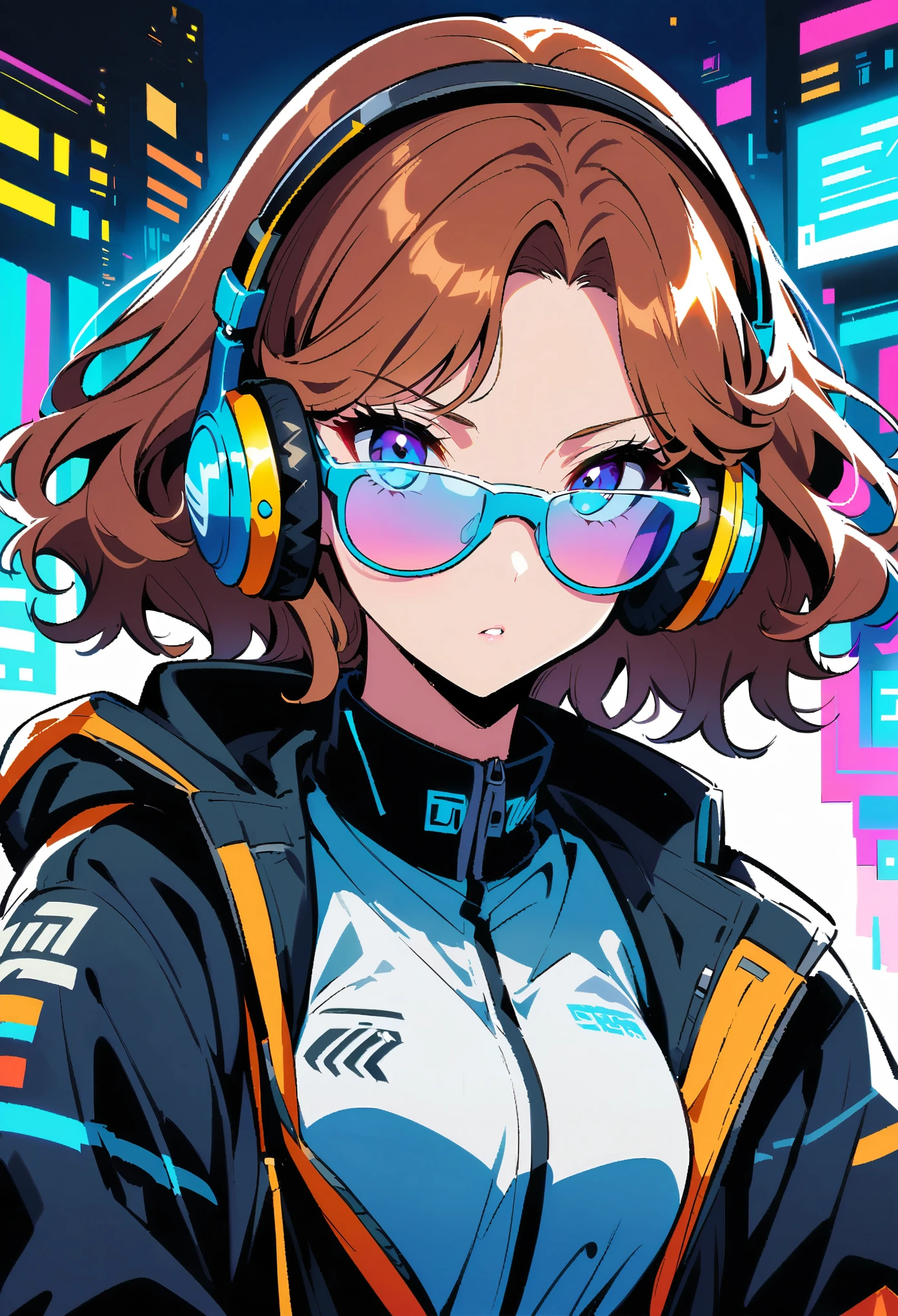 Brown hair . Beautiful woman，Curly hair and sunglasses，Wearing full size headphones - headphones or surround dark room neon cyberpunk night coordinator neon